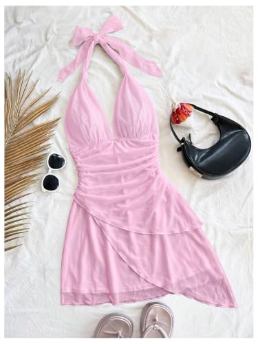 Image of SOLY HUX Women's Y2K Summer Beach Halter Mini Dress | Retro Floral Dress, V Neck, Backless, Club Nightout, Sexy Going Out Clothes, Birthday Dress