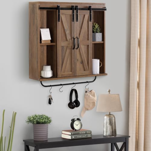 Image of RUSTOWN Farmhouse Bathroom Wall Cabinet with Sliding Barn Door & Towel Rack | 3-Tier Over the Toilet Storage Cabinets, Adjustable Shelves, Rustic Wood Medicine Cabinet, Large Vintage Cabinet for Kitchen