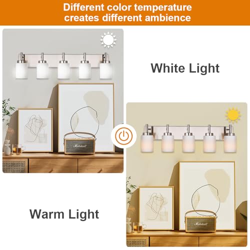 Image of 5 Light Bathroom Light Fixtures in Brushed Nickel Finish Metal Base Wall Mount Lighting with White Glass Shade Bath Wall Sconces for Mirror, Kitchen,Hallway