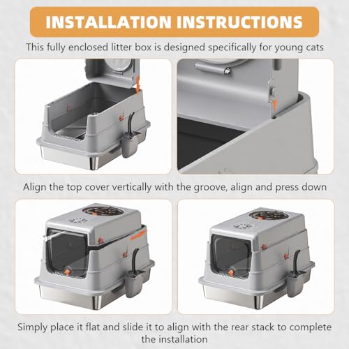 Image of Qpets Cat Litter Box (Covered & Enclosed Design) with Stainless Steel Tray, Front & Top Entry Cat Toilet, Odor Control, Litter Scoop Included, 50 x 35 x 38 cm