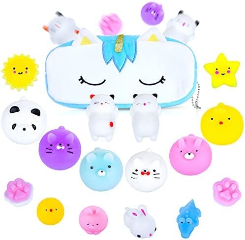 Jumbo Mochi Squishy Toys 16 Pcs Kawaii Animal with Unicorn Storage Bag Party Favors Kids Easter Egg Stuffers Toy Gift, Sensory Fidget Toy Set, Stress Relief Toys for Adults