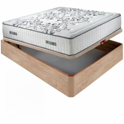 Aznar Pack Colchón Muelles Ensacados Queen 28 Cm Firmeza Alta Confort Gradual + Canapé Abatible Madera Altura 34 Cm Transpirable Refuerzo 5 Barras Silencioso Estable Roble 105x190cm