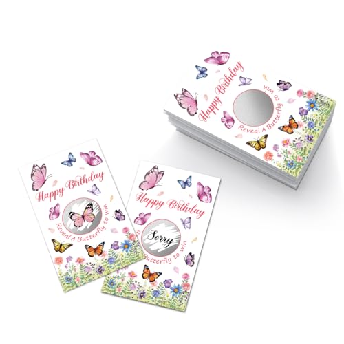 SRWNFOS 50Pcs Welcome to The Birthday Party Scratch Off Game, Butterfly Scratch Cards for Birthday Party, Lottery Group Game Raffle Tickets for Butterfly Lovers, Funny Floral Baby Shower Activity