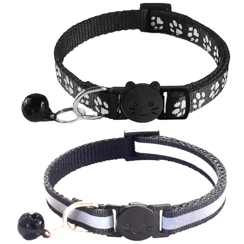 zulinlong 2 Pack Breakaway Cat Collars with Bells, Reflective Design and Claw Print Design, Safety Buckle Kitten Collars Adjustable from 7.5 to 12.5 Inches (Black)