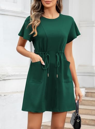 Image of EVALESS Womens Spring Summer Dresses 2026 Casual Round Neck Ruffle Short Sleeve Flowy A Line Mini Dress with Pockets