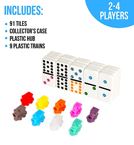 Regal Games - Double 12 Mexican Train Dominoes - Colored Dots Set - Fun Family-Friendly Dominoes Game - Includes 91 Tiles, Collector's Case & Plastic Hub With 9 Plastic Trains - Ideal For 2-4 Players #TOP4