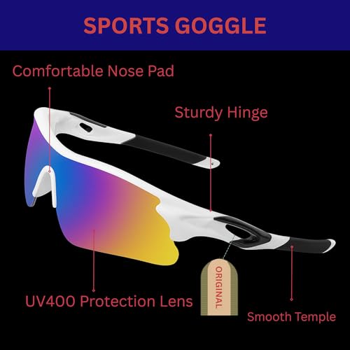 Image of Oversized Sports Goggles for Men & Women UV400 Protection Non Polarized Cycling Running Cricket Driving Fishing Outdoor Lightweight Wraparound Design Clear Vision Eyewear. (Green + White)