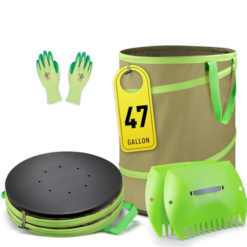 Colwelt 47 Gallon Leaf Bags Collapsible, Hardshell Bottom Heavy Duty Collapsible Garden Bag, Pop up Garden Waste Reusable Bag Include Leaf Scoop, Garden Gloves and Trash Bags