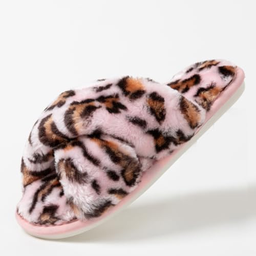 Image of Women's Cross Band Fuzzy Slippers Fluffy Open Toe House Slippers