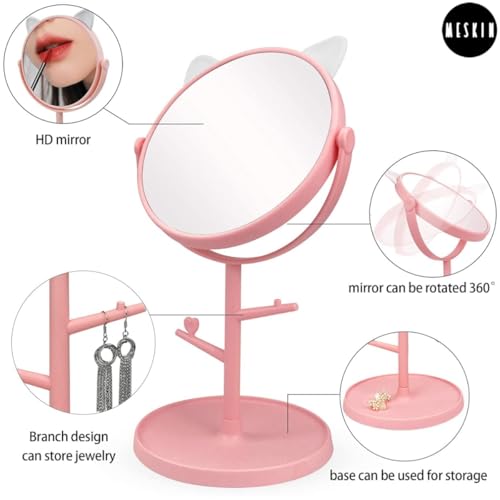 Image of MESKIN Cute Cat Ear Vanity Makeup Mirror with Storage Tray and Jewelry Holder Stand, 360 Desktop Swivel Dressing Table Mirror for Girls, Teens, Dorm Room, Bathroom Mirror (Pack of 1, Pink)