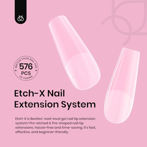 Image of Beetles Gel Nail Tips Medium Coffin 576PCS Etch X Nail Tips, 12 Sizes Pre Shaped Half Matte Press On Nails Full Cover False Nails Acrylic Nails Glue on Nails Extensions Set for Women Home DIY
