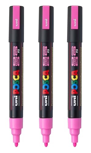 Image of posca PC-5M Water-Based Paint Markers, Reversible Medium Tip (1.8-2.5mm), Fluorescent Pink, 3 Count