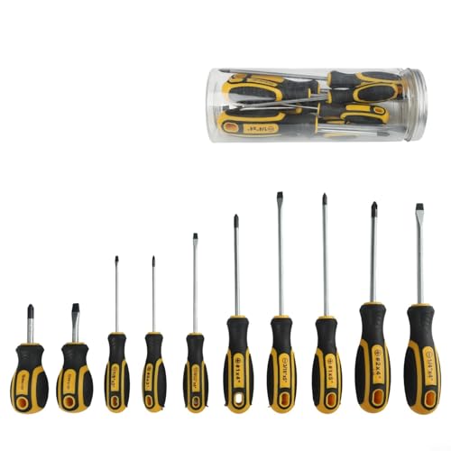 Lot de 10 tournevis magnétiques avec poignée ergonomique TPR pour vis cruciformes et fendues, construction en acier au chrome vanadium (10 pièces)