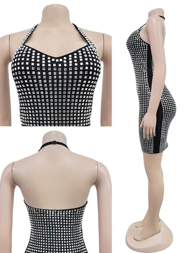 Image of Figdaw Women Sparkle Rhinestone Halter Bodycon Mini Dress