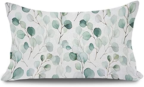 PPRLIFE Tropical Leaves Canvas Linen Decorative 12"x 20" Chenille Pillow Covers - Aesthetic Watercolor Eucalyptus Green Plant Leaf Lumbar Pillowcases for Couch Cushion Farmhouse Home Decor,1 pc