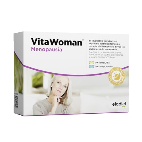 MENOPAUSIA VitaWoman - Reduce Sofocos, Insomnio, Hinchazón y Sudoración - Efecto Día y Noche - Con Salvia, Cimicífuga, Lúpulo, Pasiflora | 60 Comprimidos ELADIET