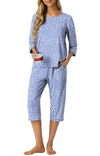 PrinStory Women's Pajama Set Capri Pjs Sets 2 Piece Soft Lounge Sets Sleepwear with Pockets Spot Blue-L