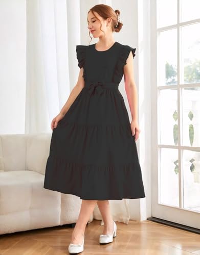 Girls Summer Dresses Ruffle Sleeve Dress A Line Swing Belted Casual Solid Color Party Dress 6-14 Years2