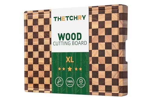 Image of THETCHRY Cutting Boards for Kitchen, Extra Large Chopping Board for Stovetop, Checkered Acacia Wood Cutting Board with Juice Grooves, Butcher Block with Gift Box, 20 inch x 15 inch x 1 inch