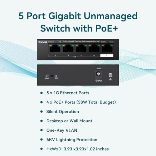 Image of Tenda 5 Port Gigabit PoE Switch, Ethernet Switch with 4 Port PoE+@63W, Plug & Play, VLAN /Extend Mode, Desktop Network Splitter Hub for IP Cameras /VoIP Phones /APs, Fanless Metal, Wall Mount (TEG1105P)