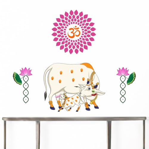 Image of Rawpockets Kamadhenu Cow and Calf with Om and Lotus Flower for Home, Pooja Room & Temple Self Adhesive Wall Sticker