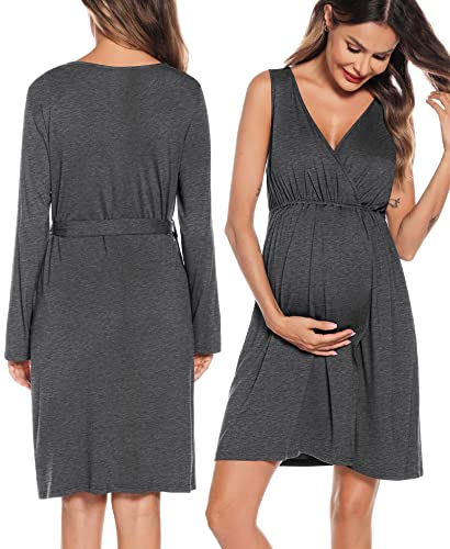 Image of SWOMOG Women Maternity Nursing Gown and Robe Set 3 in 1 Labor Delivery Nursing Nightgown for Breastfeeding Hospital Bathrobe