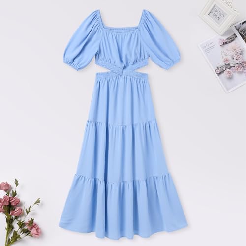 AWIBMK Mommy and Me Dresses Square Neck Solid Color Ruffled Dress with Pockets Summer Cutout Waist Tiered Matching Outfits3
