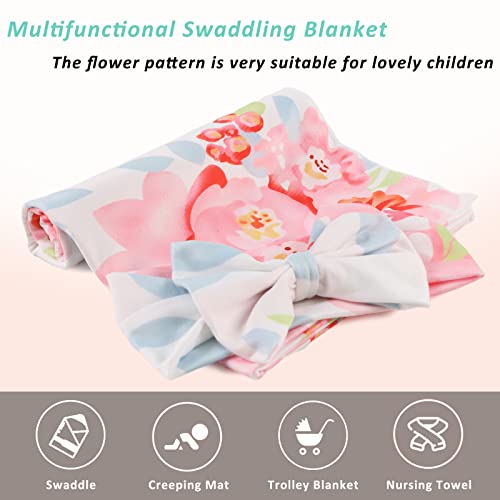 Newborn Receiving Blanket With Headband Soft Swaddle For Infant Girl Baby Blankets For Boys (Pink Flower) #TOP2