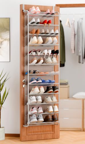 Image of Whitmor 36 Pair Over the Door Shoe Rack,12 Tier Hanging Shoe Organizer with Metal Frame & Mesh Shelves, Heavy Duty Shoe Storage Holder for Door, No Drill Installation, 74 inch H x 21.7 inch W x 7.5 inch D, Grey