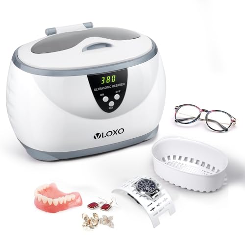 VLOXO CD-3800 Ultrasonic Cleaner with 5 Digital Timer Jewellery Cleaner for Jewellery Necklaces Rings Glasses Watches Coins Dentures with Watch Stand Cleaning Basket(600ML 50W 42000HZ)