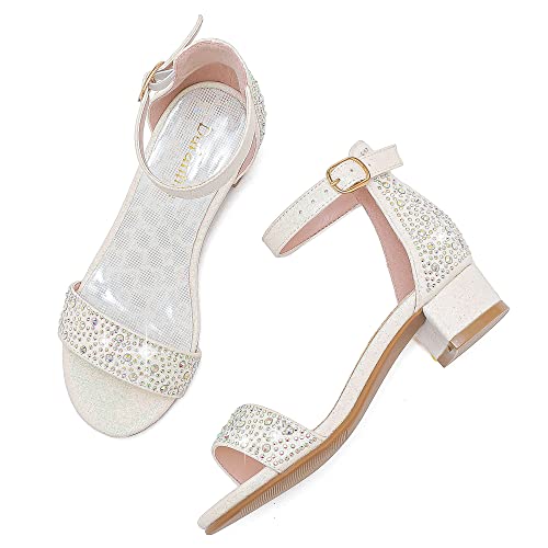 Image of Dufannie Girls Sandals Low Heels Dress Pump Ankle Strap Open Toe Flower Girl Wedding Party for Toddler Little Big Kid