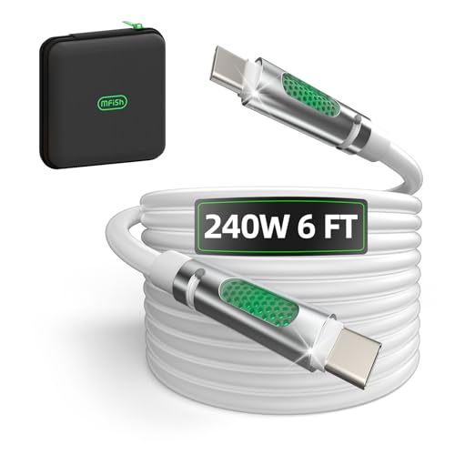 Image of MFish 240W USB-C to USB-C Cable (PD 3.1 EPR), 480Mbps Speed, Fast Charging Type C Cable for MacBook Pro /Air, iPhone 17 /16 Pro, Galaxy S25 /S24, Laptops, iPad, Durable Silicone, 6FT Grey