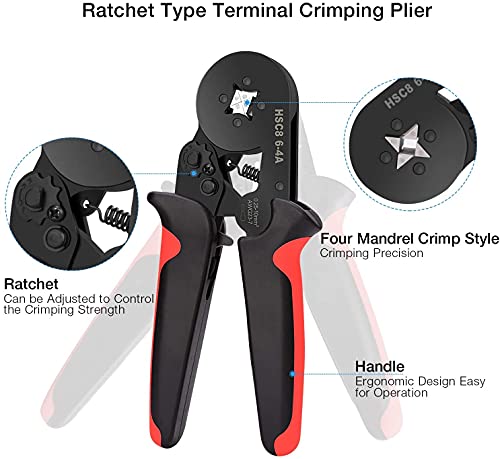 Image of Ferrule Crimping Tool Kit, AWG23-7 Self-adjustable Ratchet Wire Crimping Tool Kit Crimper Plier Set with 1200PCS Wire Terminals Crimping Connectors Wire End Ferrules(Black red)