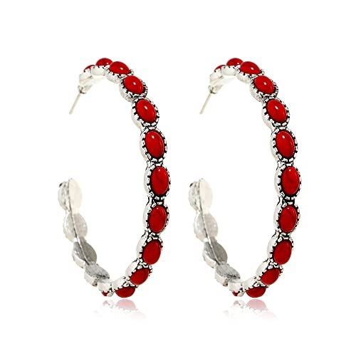 Boho Turquoise Oval Drop Dangle Earrings for Women Beaded Western Flower Teardrop Earrings Vintage Ethnic Alloy Pendant Jewelry Gift (Hoop red)