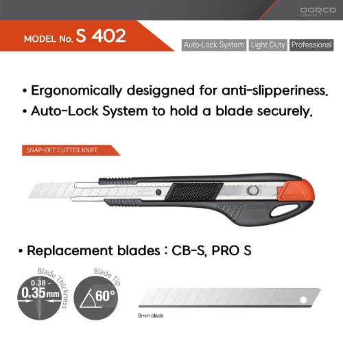 Dorco Professional Quality Utility Box Cutter Knife S402 - Auto-Lock Safety System, Small Design, Retractable, Built-In Snap-Off Tool, Replaceable Carbon Steel Blade, 60° Tip - 9Mm #TOP2