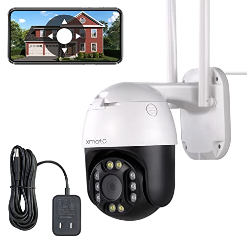 XMARTO 2K Auto-Track Rotation Wireless Security Camera WiFi AC Powered, 2-Way Audio, Auto Flood Lights Color Night Vision, Auto Siren, IP66, SD Card, NVR and Cloud Storage (DT3034, Works with Alexa)