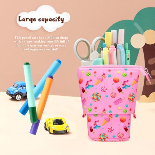 Image of KPX Cute Standing Pencil Case Pen Holder for Kids, Pop Up Stand UP Bubble Tea Pen Organizer Kawaii Stationary for Christmas Holiday New Year Office (Candy)
