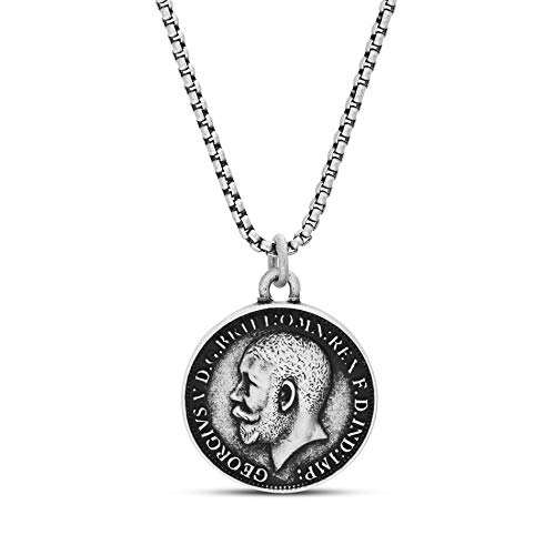 Steve Madden Men's Oxidized Georgivs V Roman Coin Design Pendant Chain Necklace in Stainless Steel, Silver, 28