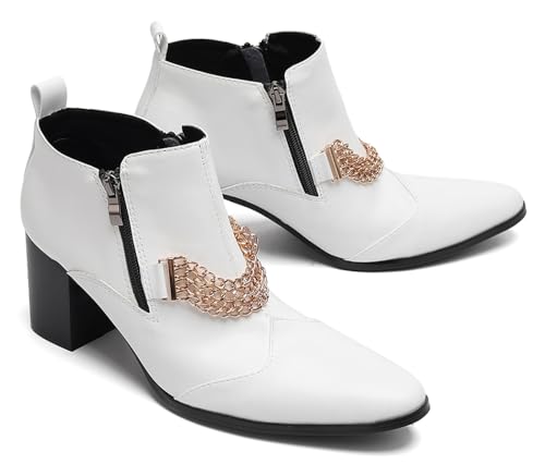 Santimon Men’s Leather Chelsea Ankle Boots with Chain – Pointed Toe Zip Block Heel Dress Boots, Punk Western Cowboy Boots for Party, Streetwear & Stage4