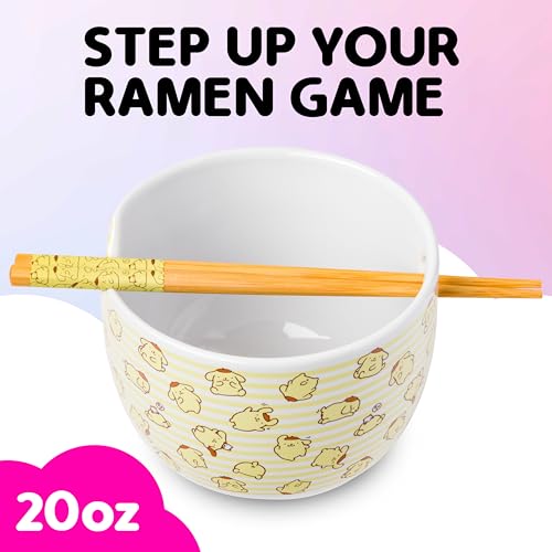 Silver Buffalo Sanrio Hello Kitty and Friends Pompompurin Pattern Ceramic Ramen Noodle Rice Bowl with Chopsticks, Microwave Safe, 20 Ounces