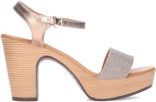 Pedro Miralles Sandalias de Piel Metalizada con Brillos Brillos de Color Oro Rosa con tacón Efecto Madera Modelo Estella en Tonos Metalizados. Hecho a Mano en España