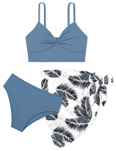 Image of Girls Swimsuit Double Strap High Waist Sporty Bikini Swimsuits Swim Cover Up Skirt 3 Piece Set