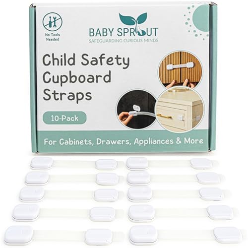 Cupboard Locks for Children - BABY SPROUT Child Safety Straps - (10 Pack) Baby Proof Cupboard & Drawer Locks Easy No-Tool 30-Second Install for Cabinets Drawers & Appliances