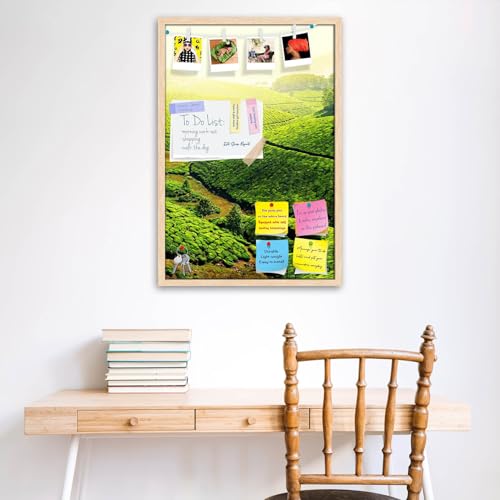 Image of ArtzFolio Tea Plantations, Munnar, Kerala | Bulletin Board Notice Pin Board | Vision Soft Board Combo with Thumb Push Pins & Sticky Notes | Natural Brown Frame | 20 x 30 inch (51 x 76 cms)