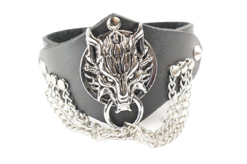 Princess-J Punk Gothic Dragon w 3 Row Chain Faux Black Leather Wide Bracelet Wristband Cuff