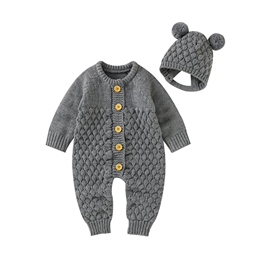 Image of Newborn Baby Boy Girl Winter Clothes Knitted Sweater Romper Crewneck Solid Color Jumpsuit Hat Infant Fall Outfit