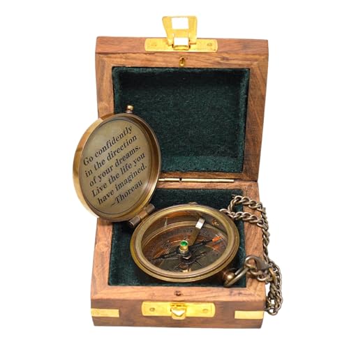 Brújula magnética antigua grabada con caja de madera miniatura 6