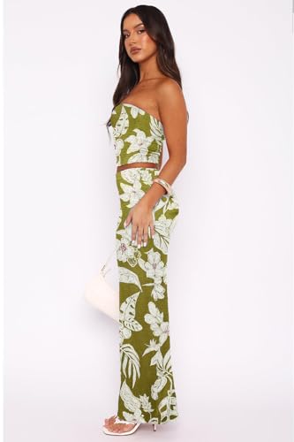 Image of Two Piece Dress Outfits for Women Sleeveless Tube Tops Bodycon Maxi Dress Summer Strapless Crop Top Sexy Suits Set