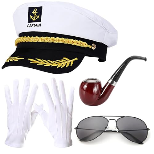 Image of DPLin Yacht Captain Hat Costume with Sunglasses Gloves Sailor Hats Boat Captains Halloween Dressing up Party (4pCS)