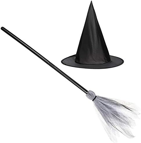 Children's Witch Hat and Broomstick - World Book Day and Halloween Kid's Fancy Dress / Costume Accessories / Party Props - Plastic Toy Broom Black Witch Hat Girls and Boys Witch Accessories
